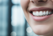 Close-up of a natural, radiant smile with perfect white teeth, against a softly blurred, modern urban background suggesting a European city.