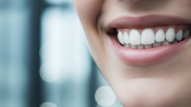 Close-up of a natural, radiant smile with perfect white teeth, against a softly blurred, modern urban background suggesting a European city.