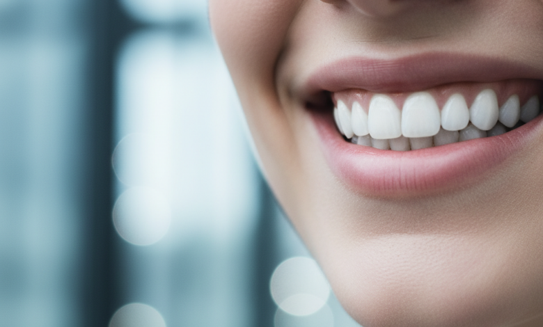 Close-up of a natural, radiant smile with perfect white teeth, against a softly blurred, modern urban background suggesting a European city.