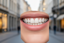 A close-up, photorealistic image of a healthy, radiant smile with perfectly white teeth. The background is an extremely blurred, out-of-focus cityscape, subtly hinting at a European urban environment, representing Belgium. The lighting is clean and bright, emphasizing the aesthetic appeal of teeth whitening. No text or identifiable landmarks are visible.