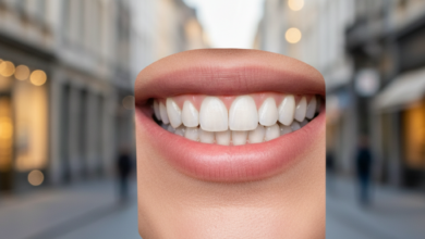 A close-up, photorealistic image of a healthy, radiant smile with perfectly white teeth. The background is an extremely blurred, out-of-focus cityscape, subtly hinting at a European urban environment, representing Belgium. The lighting is clean and bright, emphasizing the aesthetic appeal of teeth whitening. No text or identifiable landmarks are visible.