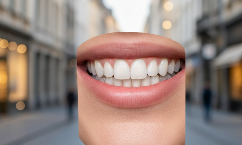 A close-up, photorealistic image of a healthy, radiant smile with perfectly white teeth. The background is an extremely blurred, out-of-focus cityscape, subtly hinting at a European urban environment, representing Belgium. The lighting is clean and bright, emphasizing the aesthetic appeal of teeth whitening. No text or identifiable landmarks are visible.