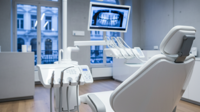 Close-up van een lege, hightech tandartsstoel en moderne tandheelkundige apparatuur in een strakke, klinische setting, met een onscherpe achtergrond die een professionele Belgische praktijk suggereert. Geen zichtbare tekst.