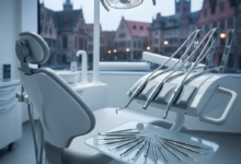 A close-up, photorealistic view inside a luxurious, high-tech dental clinic. A modern dental chair is visible, along with gleaming, sterile dental instruments arranged on a tray. Through a subtly blurred window in the background, a typical European cityscape with historical architecture is faintly visible, hinting at Belgium. The scene is lit with cool, cinematic lighting, emphasizing cleanliness and precision, with no visible text.