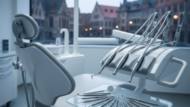A close-up, photorealistic view inside a luxurious, high-tech dental clinic. A modern dental chair is visible, along with gleaming, sterile dental instruments arranged on a tray. Through a subtly blurred window in the background, a typical European cityscape with historical architecture is faintly visible, hinting at Belgium. The scene is lit with cool, cinematic lighting, emphasizing cleanliness and precision, with no visible text.