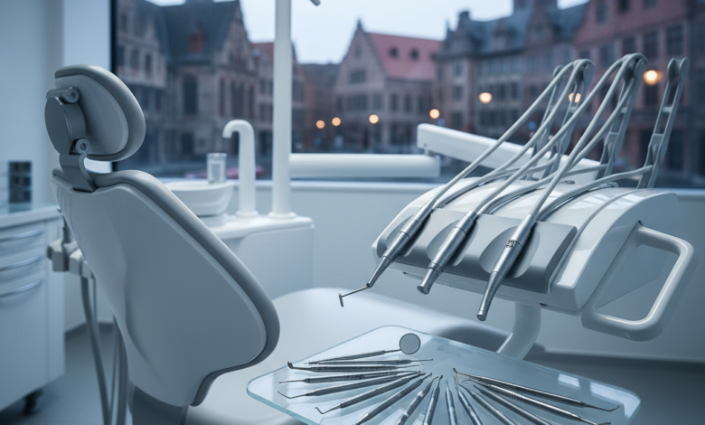 A close-up, photorealistic view inside a luxurious, high-tech dental clinic. A modern dental chair is visible, along with gleaming, sterile dental instruments arranged on a tray. Through a subtly blurred window in the background, a typical European cityscape with historical architecture is faintly visible, hinting at Belgium. The scene is lit with cool, cinematic lighting, emphasizing cleanliness and precision, with no visible text.