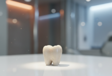 A close-up, photorealistic image of a perfectly crafted, natural-looking zirconium dental crown on a minimalist white stand, with a blurred modern dental clinic in the background. The lighting subtly differentiates two sides of the background, symbolizing geographical cost comparisons.