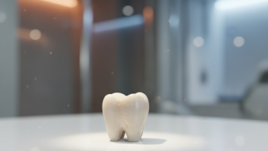 A close-up, photorealistic image of a perfectly crafted, natural-looking zirconium dental crown on a minimalist white stand, with a blurred modern dental clinic in the background. The lighting subtly differentiates two sides of the background, symbolizing geographical cost comparisons.