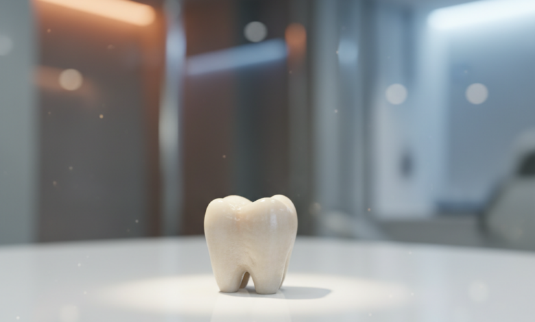 A close-up, photorealistic image of a perfectly crafted, natural-looking zirconium dental crown on a minimalist white stand, with a blurred modern dental clinic in the background. The lighting subtly differentiates two sides of the background, symbolizing geographical cost comparisons.
