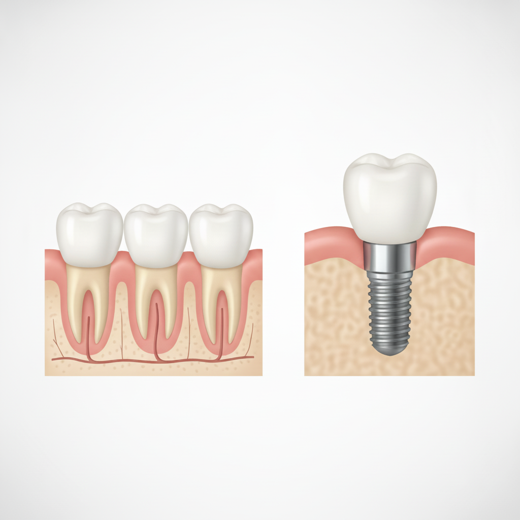 Dental Bridges vs Implants Belgium, illustrating the fundamental structural differences for tooth replacement solutions.