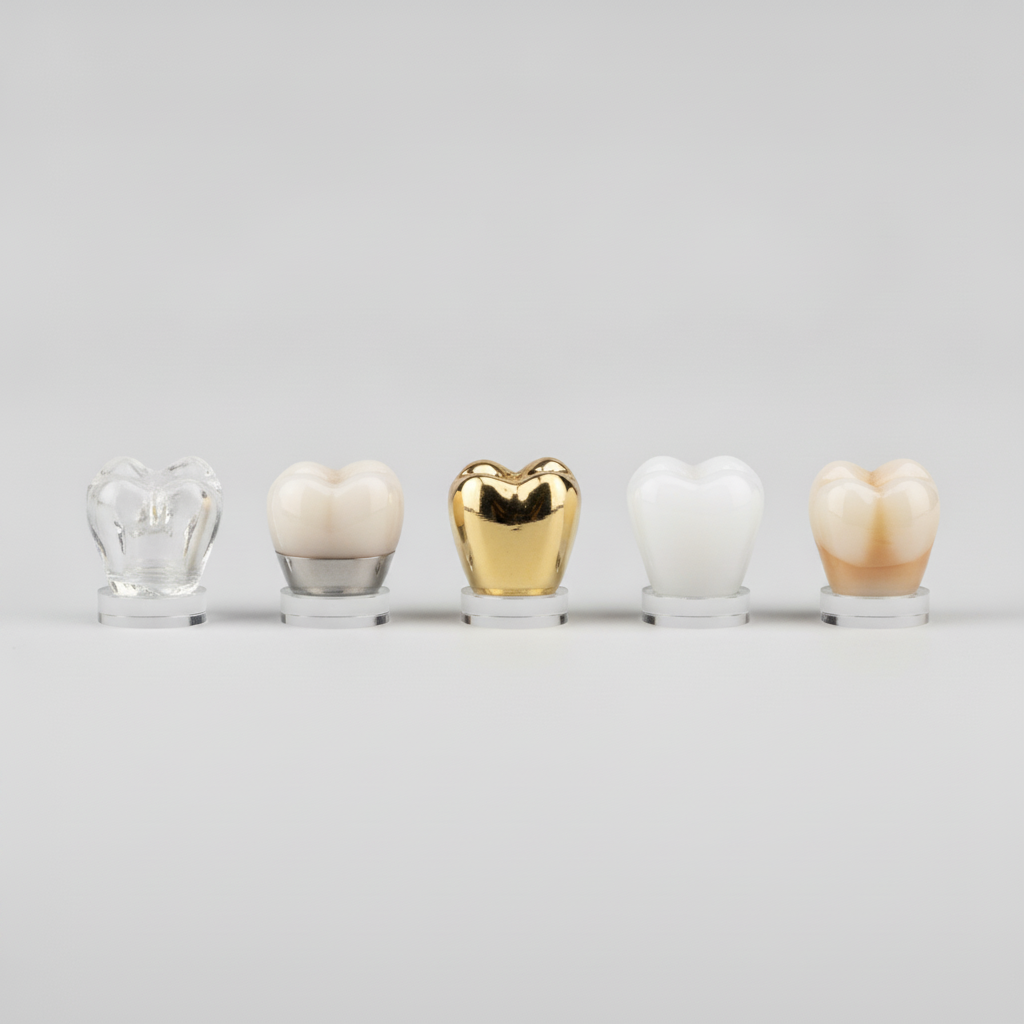 Dental Crowns Belgium showing various types like porcelain, PFM, metal, zirconia, and E-max materials.