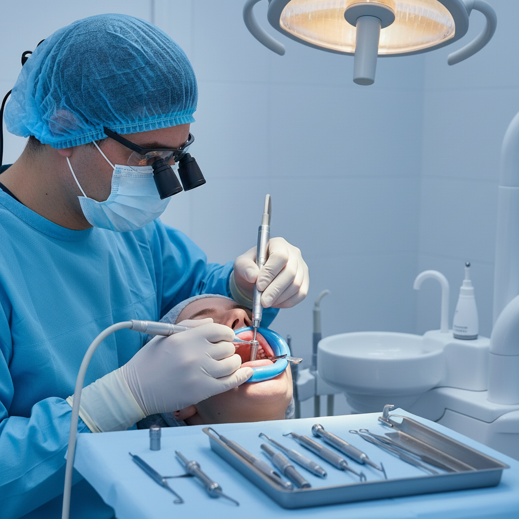Dental Implant Procedure Belgium: skilled surgeon carefully placing titanium implant into patient's jawbone.