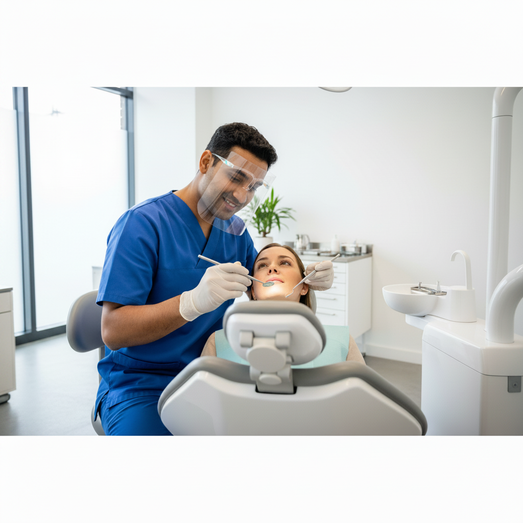 Dentist Visit Cost in Belgium: A professional dentist conducts a preventative care check-up in a modern clinic setting.