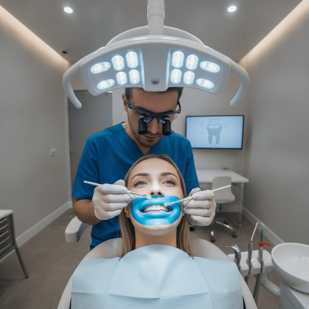 In-Office Professional Teeth Whitening Process Teeth Whitening Belgium: A professional in-office procedure, with gel application and light activation, yields dazzling results.