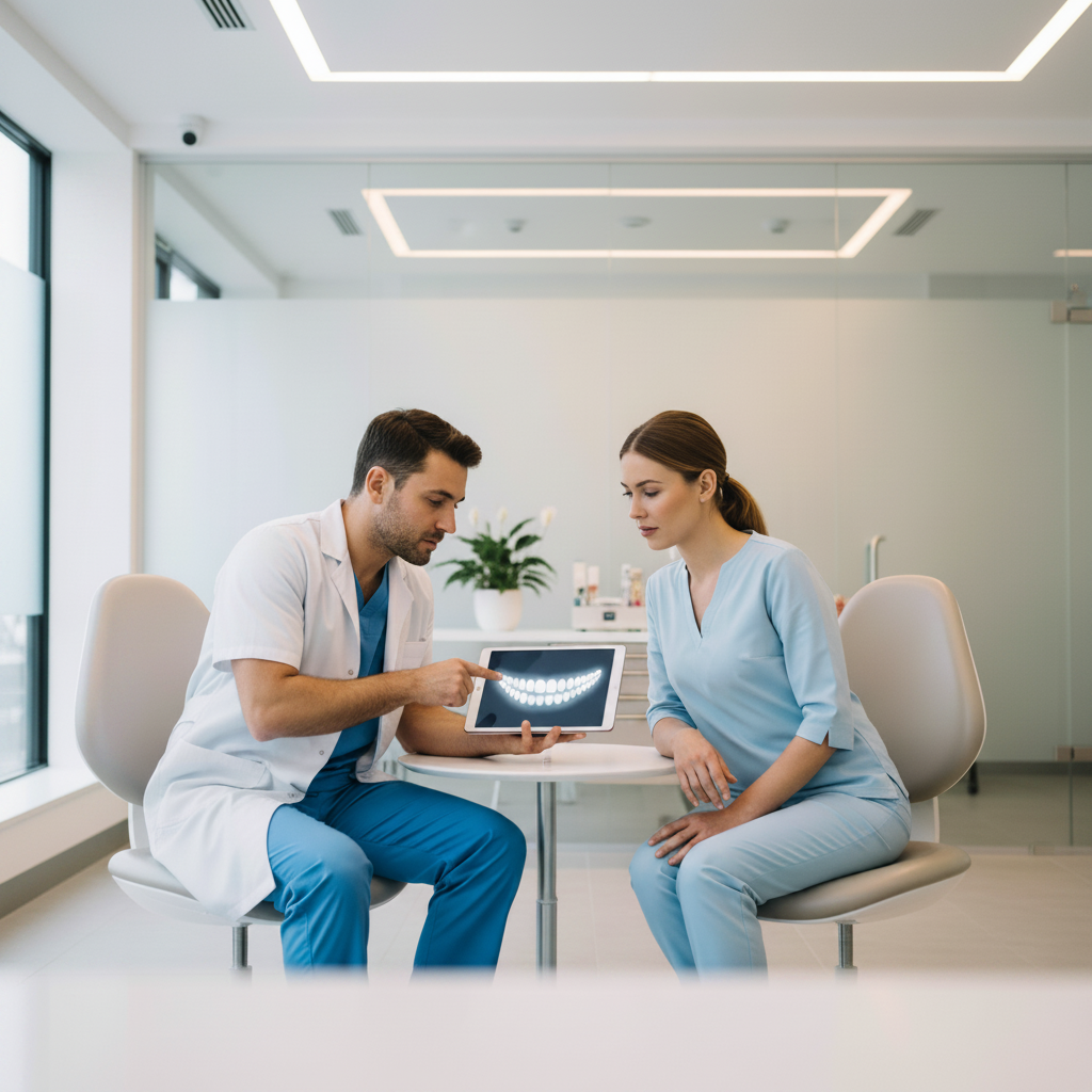 Expert Dental Consultation for Veneer Treatment Veneers in Belgium: A detailed initial consultation ensures personalized smile design and treatment planning.