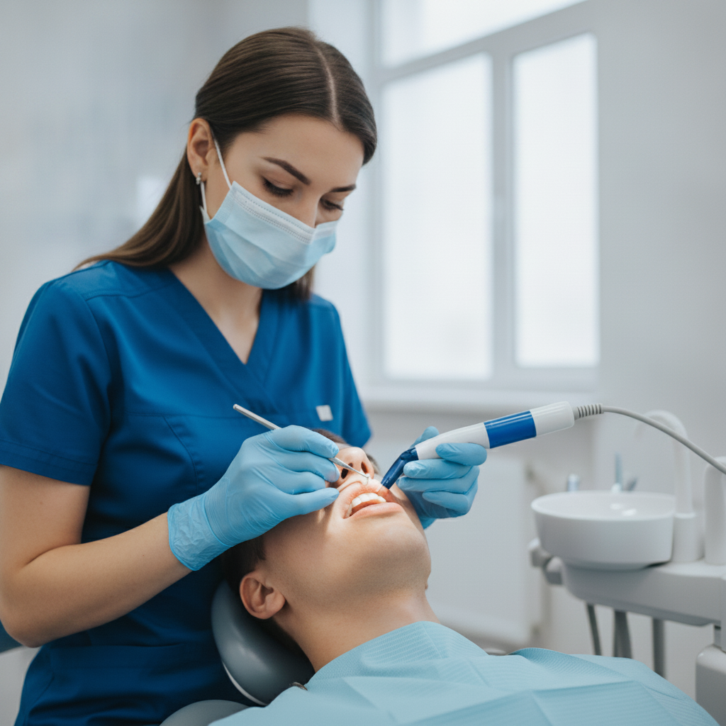 Composite Bonding Belgium, a dentist meticulously sculpts and applies tooth-colored resin during a cosmetic dental procedure.