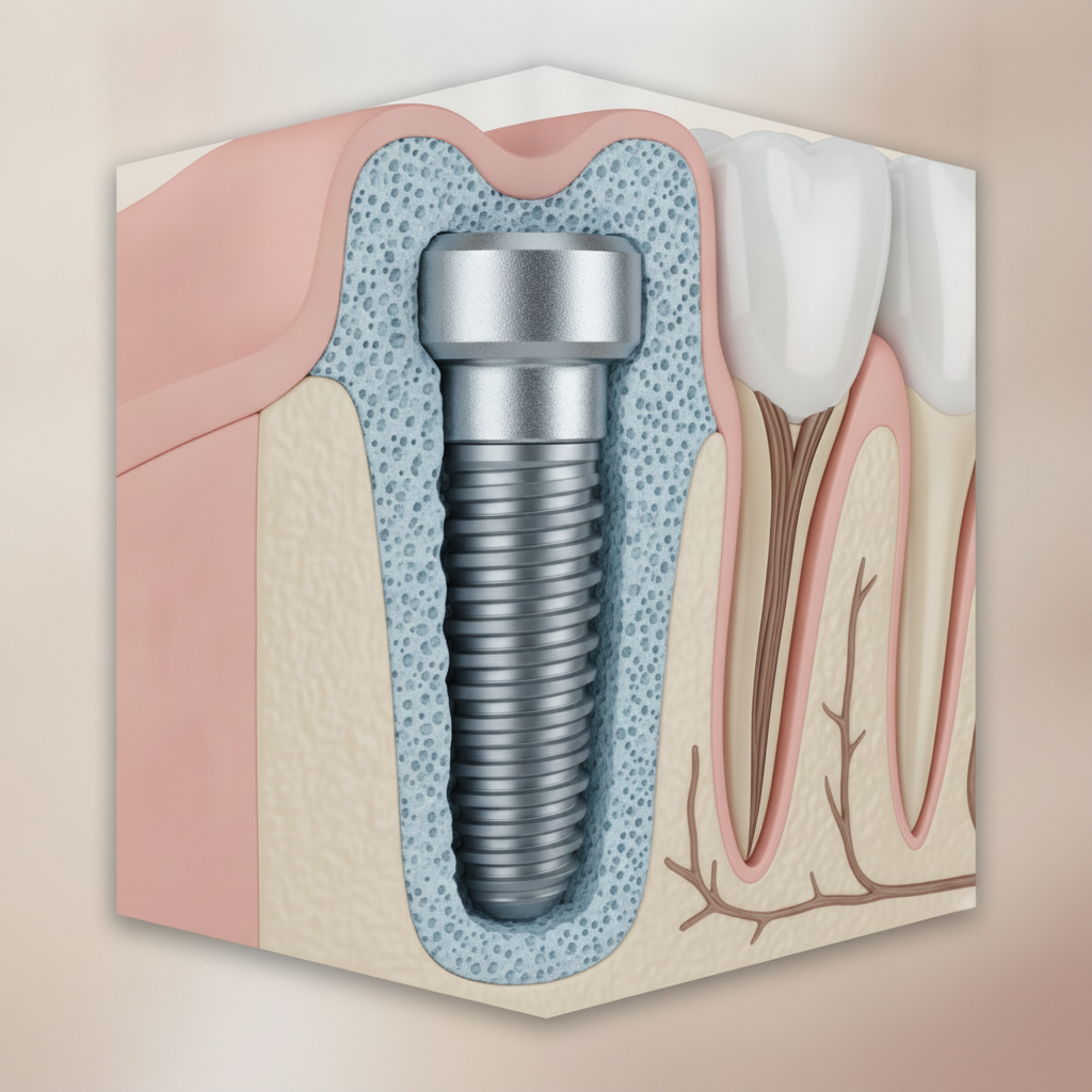 Dental Bridges vs Implants Belgium: A titanium dental implant post undergoing osseointegration within the jawbone.