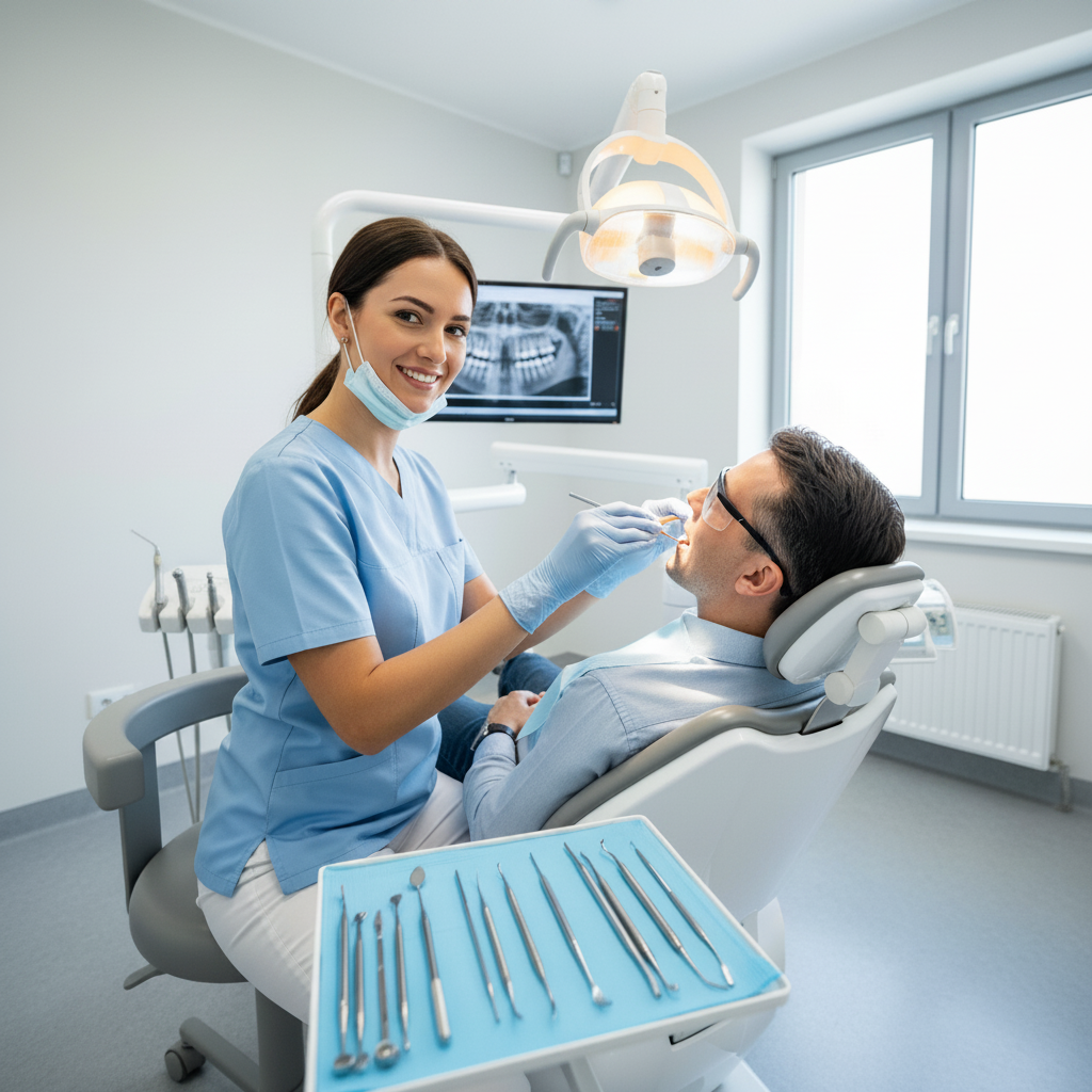 Dentist Visit Cost in Belgium: Professional dentist conducting a routine check-up and preventative care.