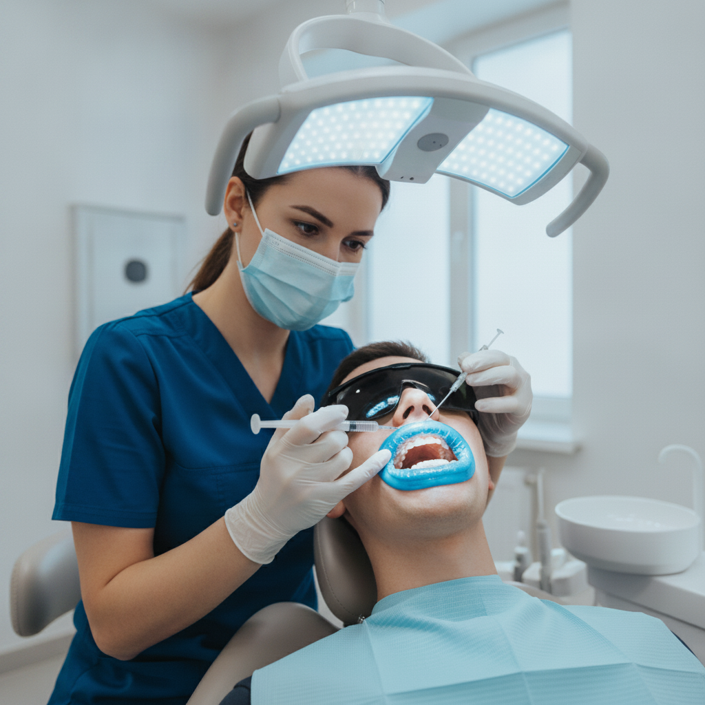 Professional In-Office Teeth Whitening Treatment Teeth Whitening Belgium: A professional dentist meticulously applies whitening gel for dramatic in-office results.