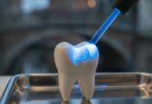Close-up of a pristine tooth model being treated with a blue dental curing light, set against a blurred background of Belgian architecture, representing composite bonding procedure.