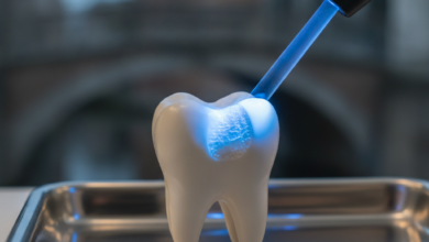 Close-up of a pristine tooth model being treated with a blue dental curing light, set against a blurred background of Belgian architecture, representing composite bonding procedure.