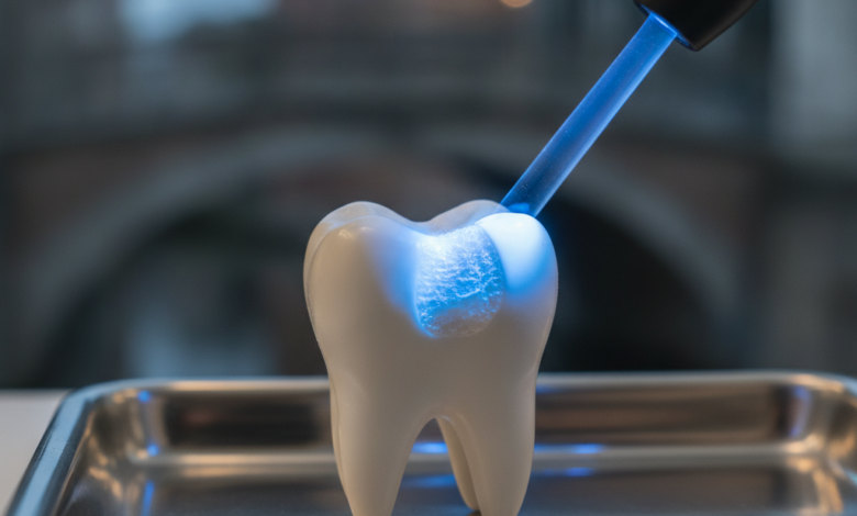 Close-up of a pristine tooth model being treated with a blue dental curing light, set against a blurred background of Belgian architecture, representing composite bonding procedure.