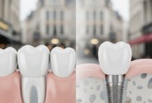 A photorealistic image visually comparing a dental bridge and a dental implant. On the left, a dental bridge shows a false tooth supported by crowns on two adjacent natural teeth. On the right, a single dental implant depicts a crown affixed to a post, subtly integrated into the jawbone. The background is a soft-focus, blurred view of a modern European city, suggesting a location like Belgium.