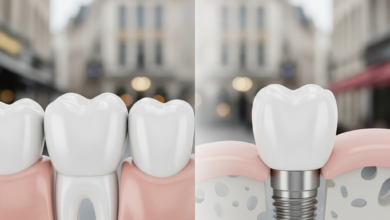 A photorealistic image visually comparing a dental bridge and a dental implant. On the left, a dental bridge shows a false tooth supported by crowns on two adjacent natural teeth. On the right, a single dental implant depicts a crown affixed to a post, subtly integrated into the jawbone. The background is a soft-focus, blurred view of a modern European city, suggesting a location like Belgium.