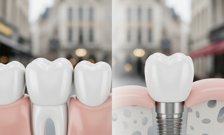 A photorealistic image visually comparing a dental bridge and a dental implant. On the left, a dental bridge shows a false tooth supported by crowns on two adjacent natural teeth. On the right, a single dental implant depicts a crown affixed to a post, subtly integrated into the jawbone. The background is a soft-focus, blurred view of a modern European city, suggesting a location like Belgium.