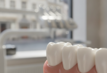 A detailed, close-up view of a pristine, white dental crown perfectly fitted onto a molar tooth. The background is a soft, out-of-focus blur of a modern dental clinic interior, with a faint, indistinct hint of a European urban street through a window.