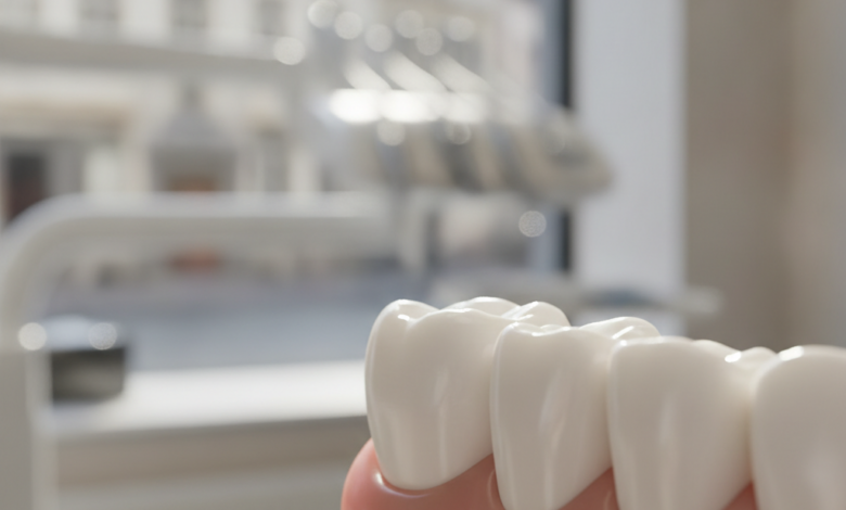 A detailed, close-up view of a pristine, white dental crown perfectly fitted onto a molar tooth. The background is a soft, out-of-focus blur of a modern dental clinic interior, with a faint, indistinct hint of a European urban street through a window.