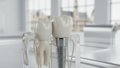 Close-up of a highly detailed dental implant with a titanium screw embedded in a bone-like structure and topped with a realistic ceramic crown, presented in a clean, sterile environment. The background is softly blurred with indistinct European architecture, suggesting a setting in Belgium.