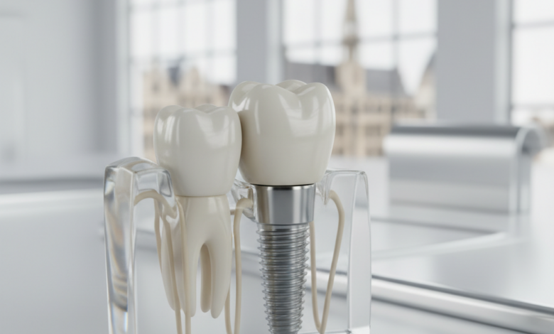 Close-up of a highly detailed dental implant with a titanium screw embedded in a bone-like structure and topped with a realistic ceramic crown, presented in a clean, sterile environment. The background is softly blurred with indistinct European architecture, suggesting a setting in Belgium.