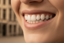 A close-up, ultra-detailed photorealistic image of a beautiful, healthy, natural-looking human smile, featuring perfectly aligned and white upper and lower teeth. The background is softly blurred, hinting at historic European architecture, suggesting a setting in Belgium. The image conveys confidence and the positive outcome of comprehensive dental care.
