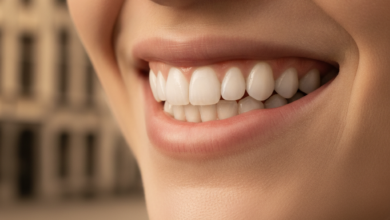A close-up, ultra-detailed photorealistic image of a beautiful, healthy, natural-looking human smile, featuring perfectly aligned and white upper and lower teeth. The background is softly blurred, hinting at historic European architecture, suggesting a setting in Belgium. The image conveys confidence and the positive outcome of comprehensive dental care.