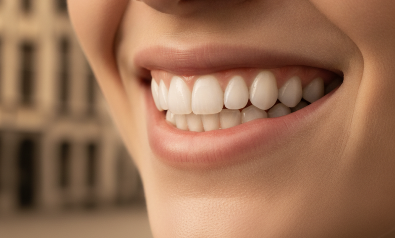 A close-up, ultra-detailed photorealistic image of a beautiful, healthy, natural-looking human smile, featuring perfectly aligned and white upper and lower teeth. The background is softly blurred, hinting at historic European architecture, suggesting a setting in Belgium. The image conveys confidence and the positive outcome of comprehensive dental care.