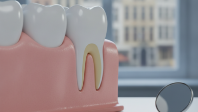 Close-up photorealistic image showing an idealized section of healthy gum tissue and a tooth, with soft clinical lighting. Blurred dental instruments are in the background, and an out-of-focus European city skyline is visible through a window, representing advanced dental care in Belgium.