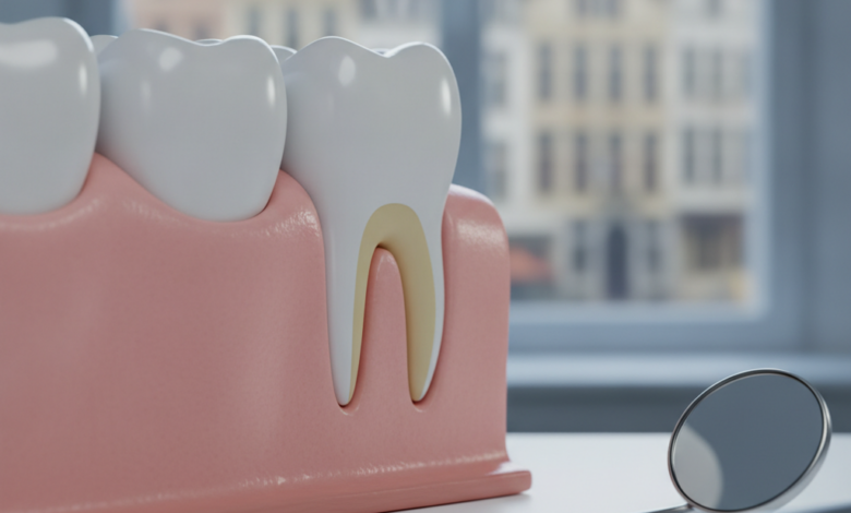 Close-up photorealistic image showing an idealized section of healthy gum tissue and a tooth, with soft clinical lighting. Blurred dental instruments are in the background, and an out-of-focus European city skyline is visible through a window, representing advanced dental care in Belgium.