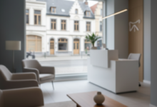 A photorealistic image of a sleek, contemporary dental clinic interior in Belgium, featuring an ergonomic dental chair or consultation desk. Through a large, blurred window, a traditional European street with Belgian architectural elements is visible in the background, symbolizing dental care costs in Belgium.