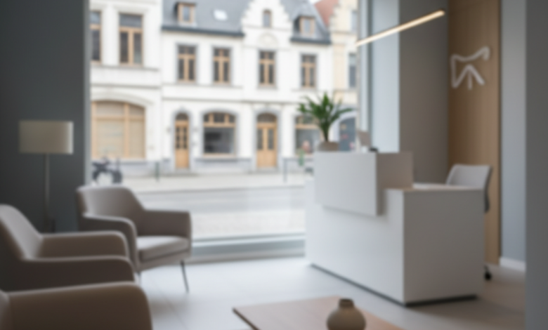 A photorealistic image of a sleek, contemporary dental clinic interior in Belgium, featuring an ergonomic dental chair or consultation desk. Through a large, blurred window, a traditional European street with Belgian architectural elements is visible in the background, symbolizing dental care costs in Belgium.