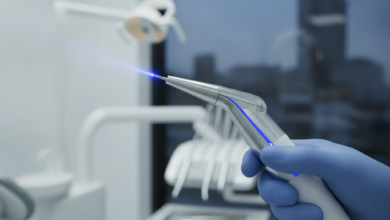 A close-up, photorealistic image of a futuristic dental laser handpiece, emitting a subtle blue light, held by a gloved hand in a sterile dental clinic. A blurred background reveals modern dental equipment and a generic modern European city skyline, suggesting Belgium. The focus is on the precision and advanced technology of laser dentistry.