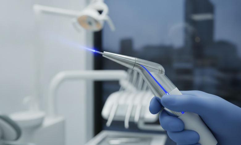 A close-up, photorealistic image of a futuristic dental laser handpiece, emitting a subtle blue light, held by a gloved hand in a sterile dental clinic. A blurred background reveals modern dental equipment and a generic modern European city skyline, suggesting Belgium. The focus is on the precision and advanced technology of laser dentistry.