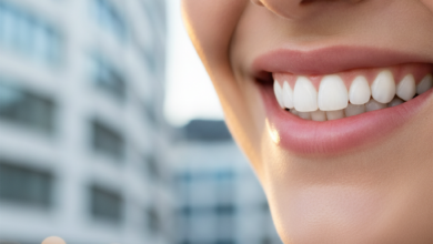 A close-up, photorealistic image of a radiant, confident smile with perfectly whitened teeth. The background is softly blurred, showing abstract hints of modern dental aesthetics and a faint suggestion of European city architecture, representing Belgium.