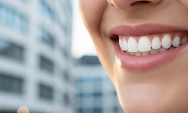 A close-up, photorealistic image of a radiant, confident smile with perfectly whitened teeth. The background is softly blurred, showing abstract hints of modern dental aesthetics and a faint suggestion of European city architecture, representing Belgium.