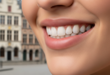 Close-up of a bright, healthy smile featuring perfectly aligned, natural-looking teeth. The background is softly blurred, subtly hinting at a Belgian architectural scene, representing successful dental veneer procedures.