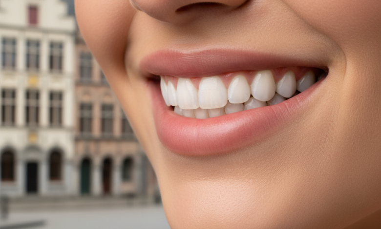 Close-up of a bright, healthy smile featuring perfectly aligned, natural-looking teeth. The background is softly blurred, subtly hinting at a Belgian architectural scene, representing successful dental veneer procedures.