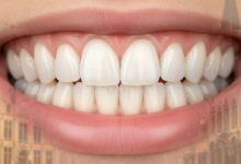 Close-up of a beautiful, radiant smile featuring perfectly aligned and bright white teeth, set against a softly blurred background hinting at European architecture, suggesting a setting in Belgium. The image conveys health, confidence, and aesthetic dental transformation.