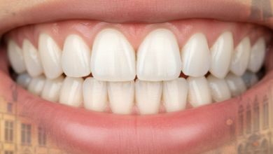 Close-up of a beautiful, radiant smile featuring perfectly aligned and bright white teeth, set against a softly blurred background hinting at European architecture, suggesting a setting in Belgium. The image conveys health, confidence, and aesthetic dental transformation.