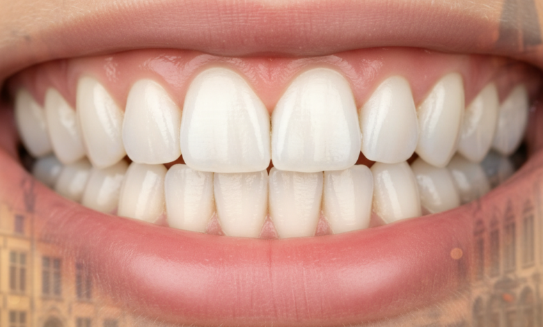 Close-up of a beautiful, radiant smile featuring perfectly aligned and bright white teeth, set against a softly blurred background hinting at European architecture, suggesting a setting in Belgium. The image conveys health, confidence, and aesthetic dental transformation.