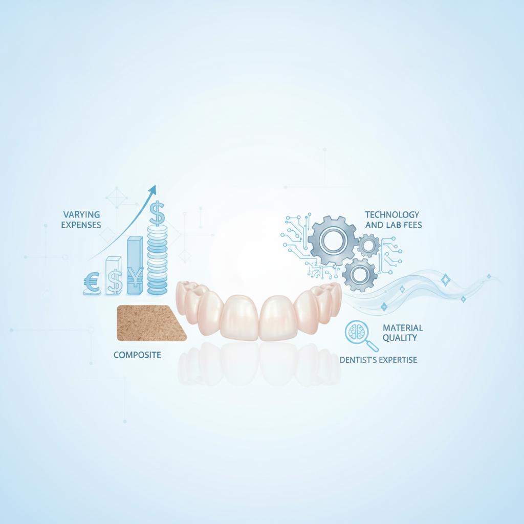 Veneers Covered by Insurance in Belgium, alongside conceptual financial graphics illustrating cost factors and material differences.